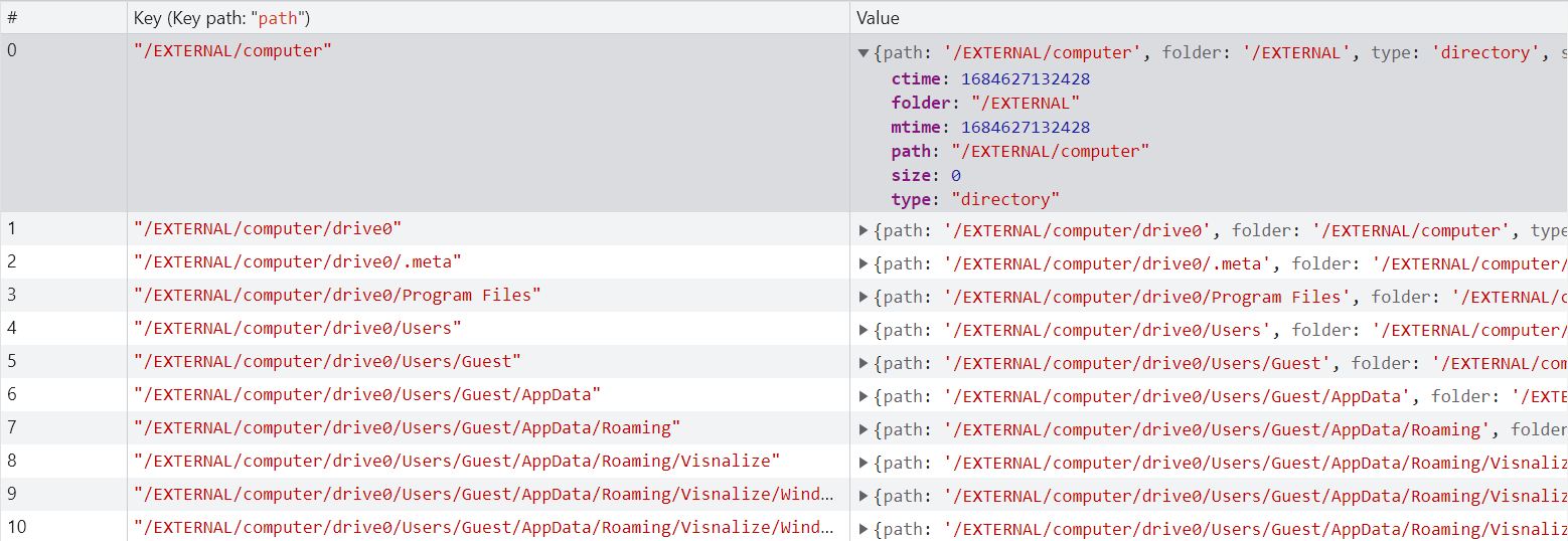 Win7 Simu File Explorer structure in IndexedDB